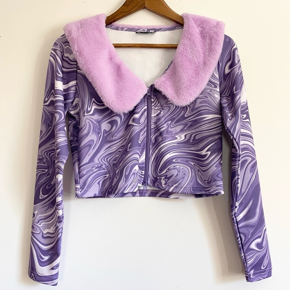 NWOT ASOS Purple Marble Faux Fur Cardigan Size 10